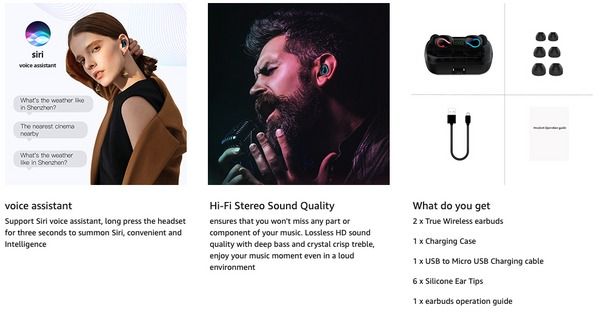 TWS Bluetooth Headset Wireless Earphones, Mini Earbuds Stereo Headphones, Waterproof, Hi-Fi Sound, Noise Reduction