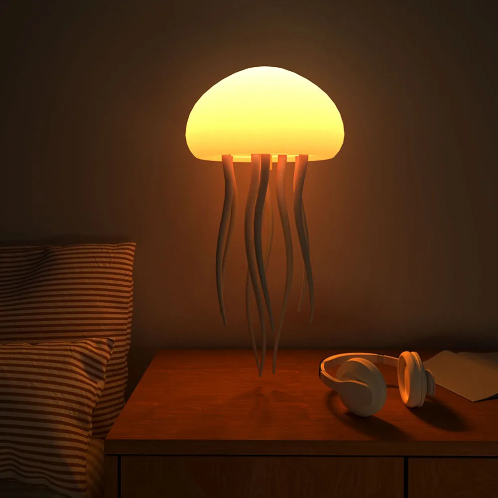 USB Rechargeable LED Night Light, RGB Adjustable Color Jellyfish Lamp with Active Tentacles, Polished Base Bedside Lamp