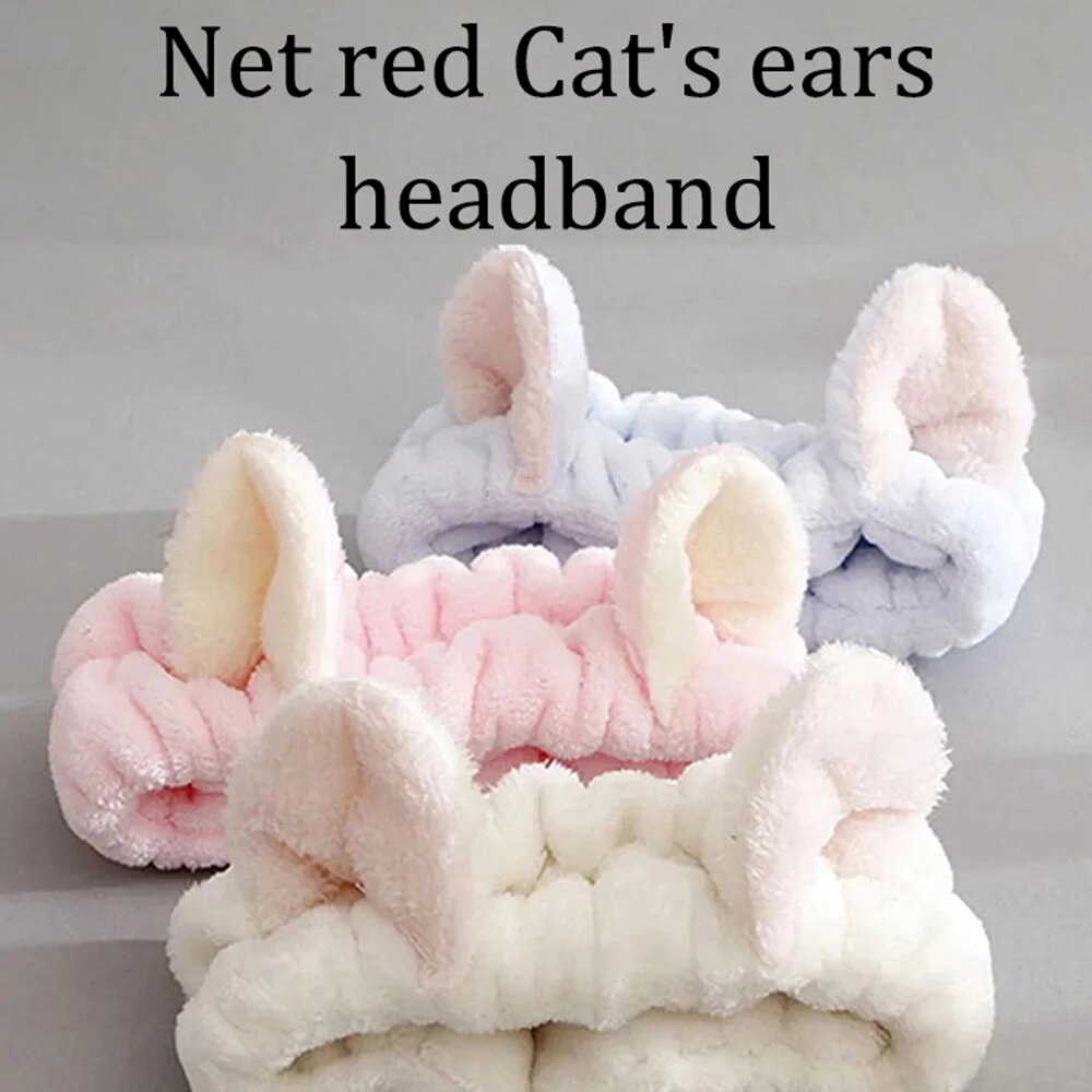 Soft Coral Plush Hairband with Cute Cat Bow Perfect Makeup and Face Wash Headband
