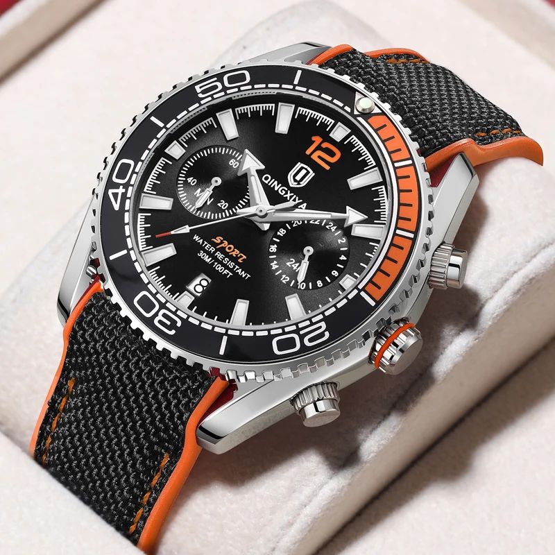 QINGXIYA Luxury Multifunction Chronograph Men's Quartz Watch with Rotatable Bezel