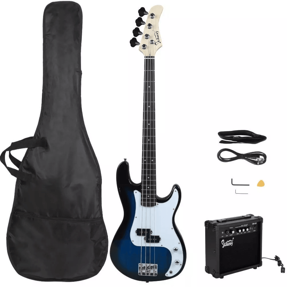 New GP Glarry Electric Bass Guitar, Blue Starter Kit for Beginners