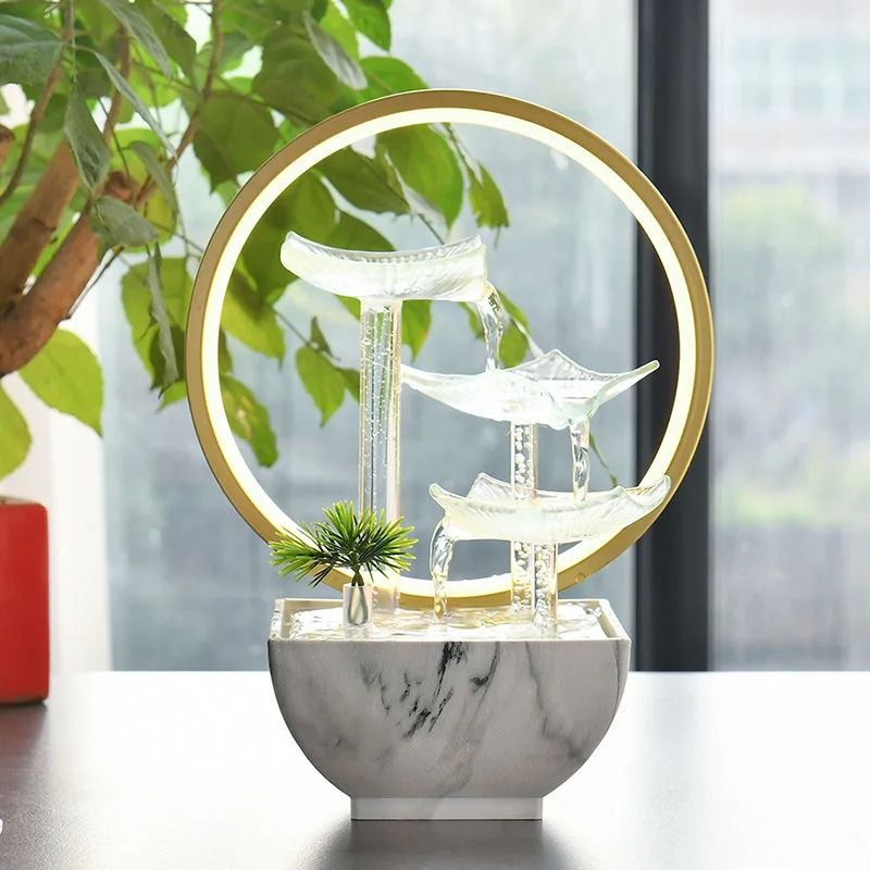 Glass Lotus Tabletop Zen Water Fountain with LED Light for Home Office Decor