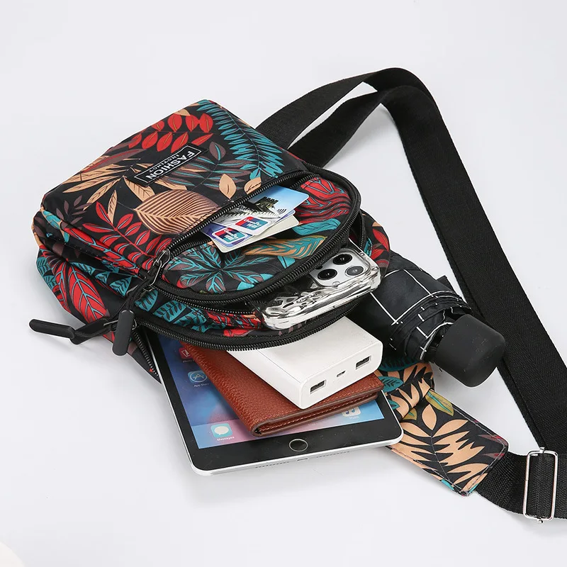 Colorful Leaf Printed Sling Crossbody Bag Stylish Nylon Chest Bag for Women with Adjustable Shoulder Strap