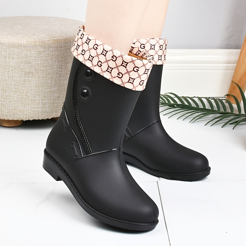 Mid Calf Non Slip Wear Resistance Waterproof Rain Boots - PVC Flat Round Toe Fashion Thermal Rain Shoes