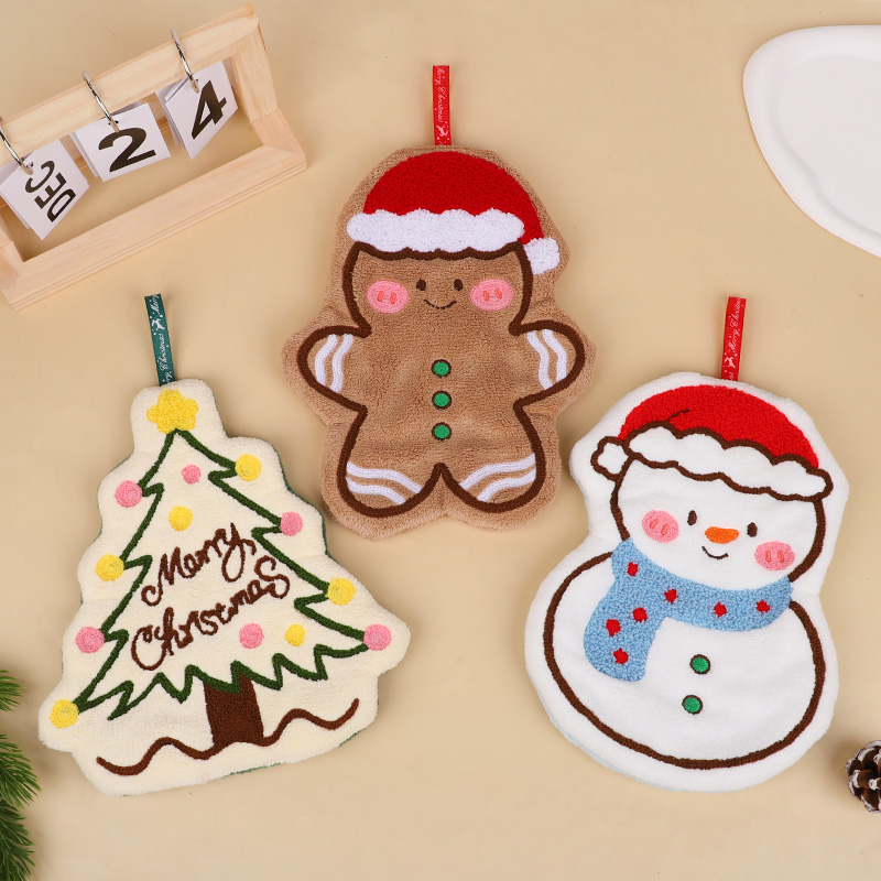 Cartoon Gingerbread Man Snowman Christmas Hand Towel Coral Fleece Towel for Kitchen Bathroom Holiday Gifts