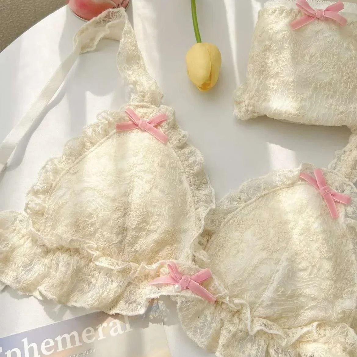 French Retro Lolita Lace Bra | Wireless Sweet Japanese-Style Lingerie