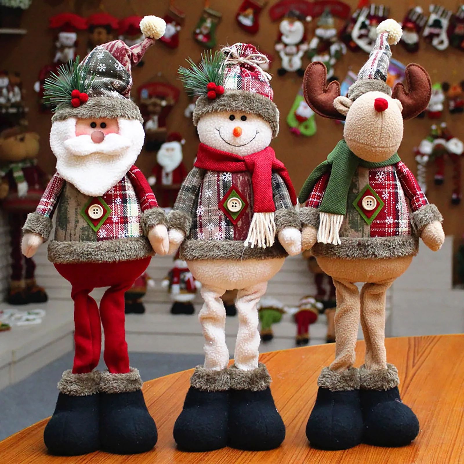 3pcs Christmas Standing Doll Set – Santa Claus, Snowman & Reindeer Plush Holiday Decorations