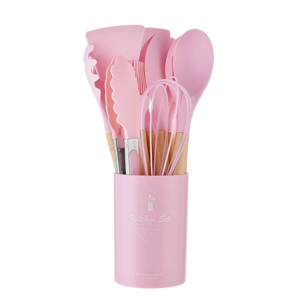 12PCS Silicone Kitchenware Set: Non-Stick Cookware Utensils with Wooden Handles