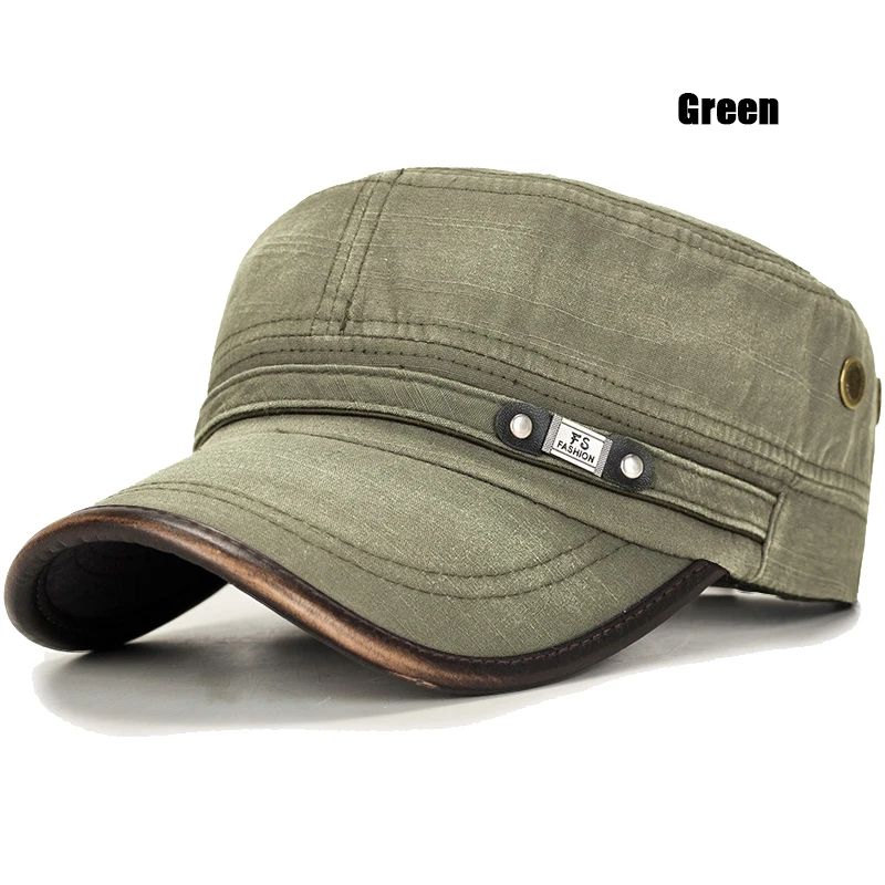 Distressed Washed Cotton Cadet Flat Cap with Leather Binding