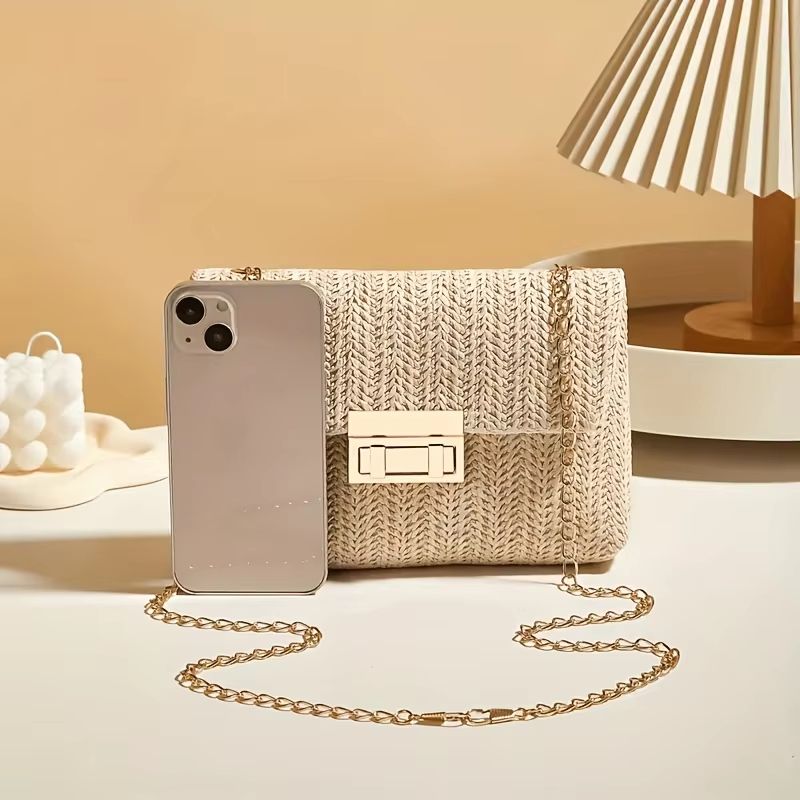 Woven Straw Shoulder Bag Small Crossbody Handbag with Polyester Lining