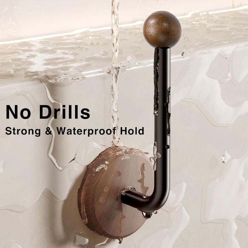 Pack Modern Adhesive Curtain Holdbacks with Walnut Wood Base – No Drill, Heavy Duty Wall Mount