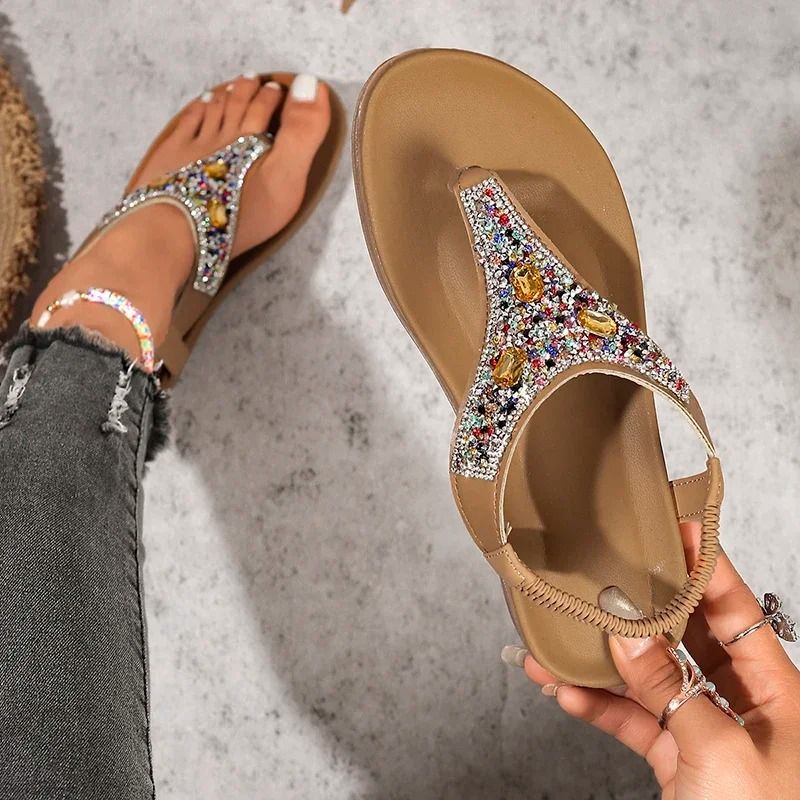 Fashion Rhinestone Bohemian Clip Toe Flats Elastic Band Sandals