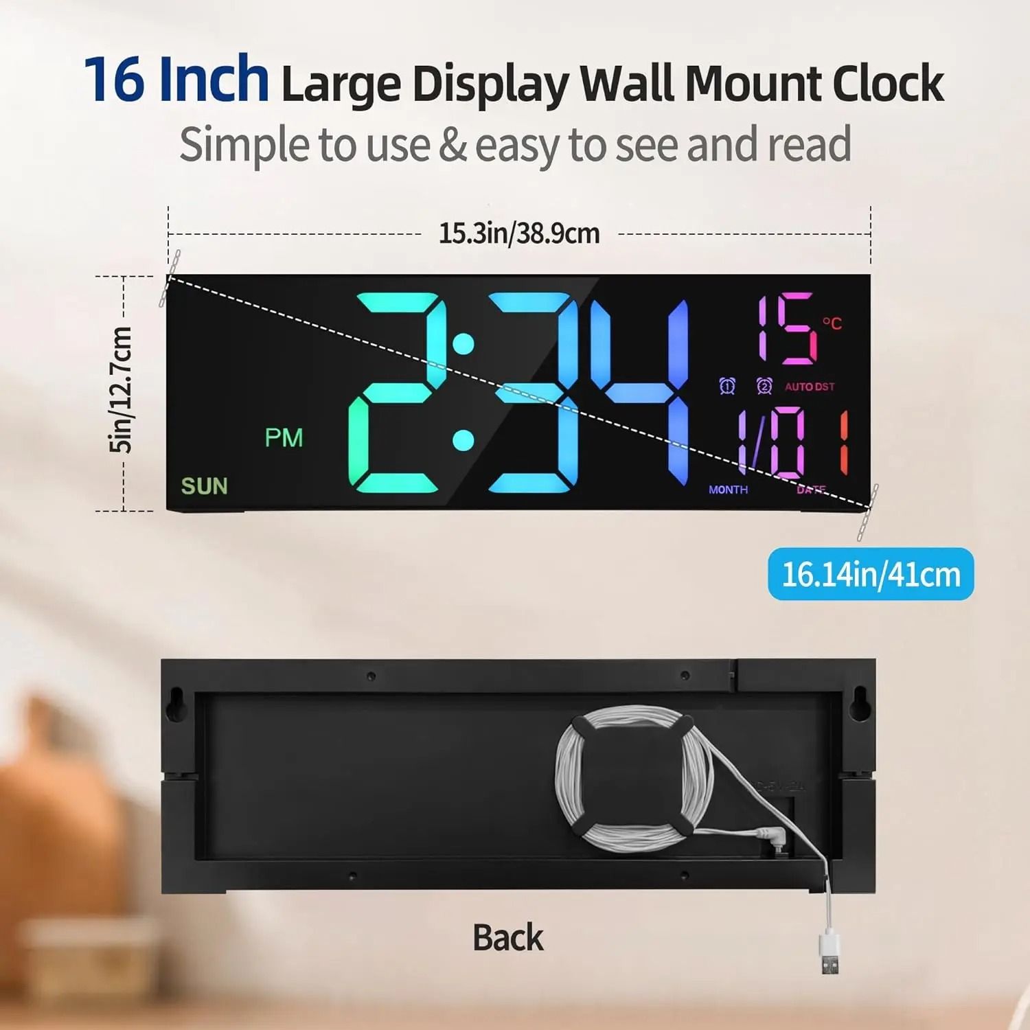 16.2 Inch Large RGB Digital Wall Clock with Remote Control