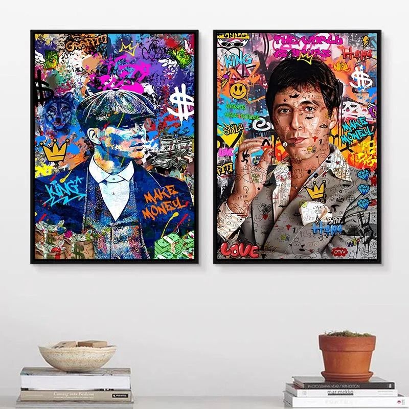 80s Gangster Graffiti Wall Art | Urban Crime Drama Pop Canvas | Retro Bold Street Style Unframed Home Decor