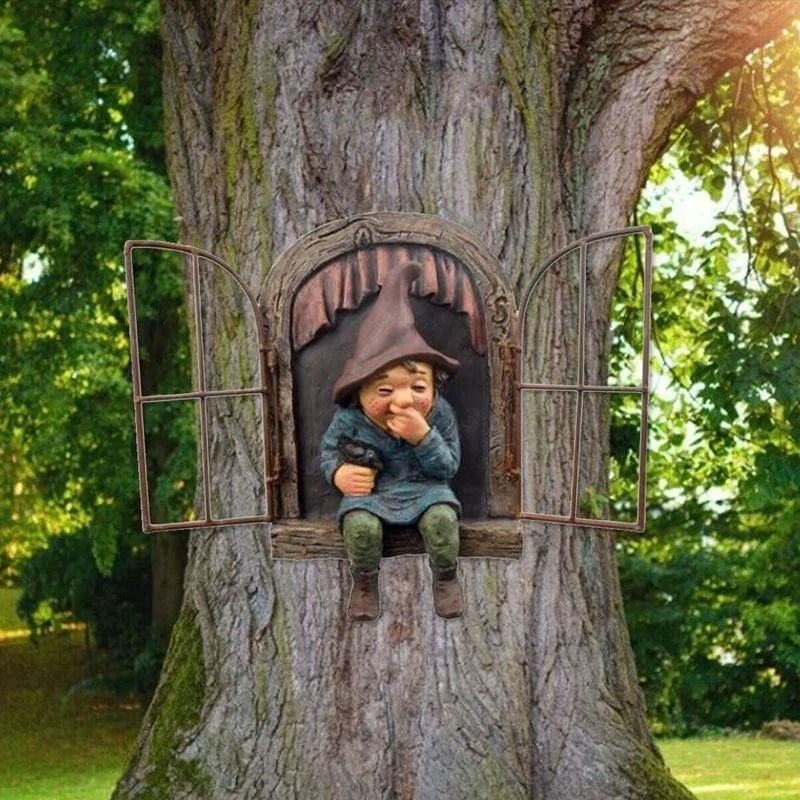Creative Garden Elf Tree Hugger Statue Whimsical Outdoor Fairy Garden Decor