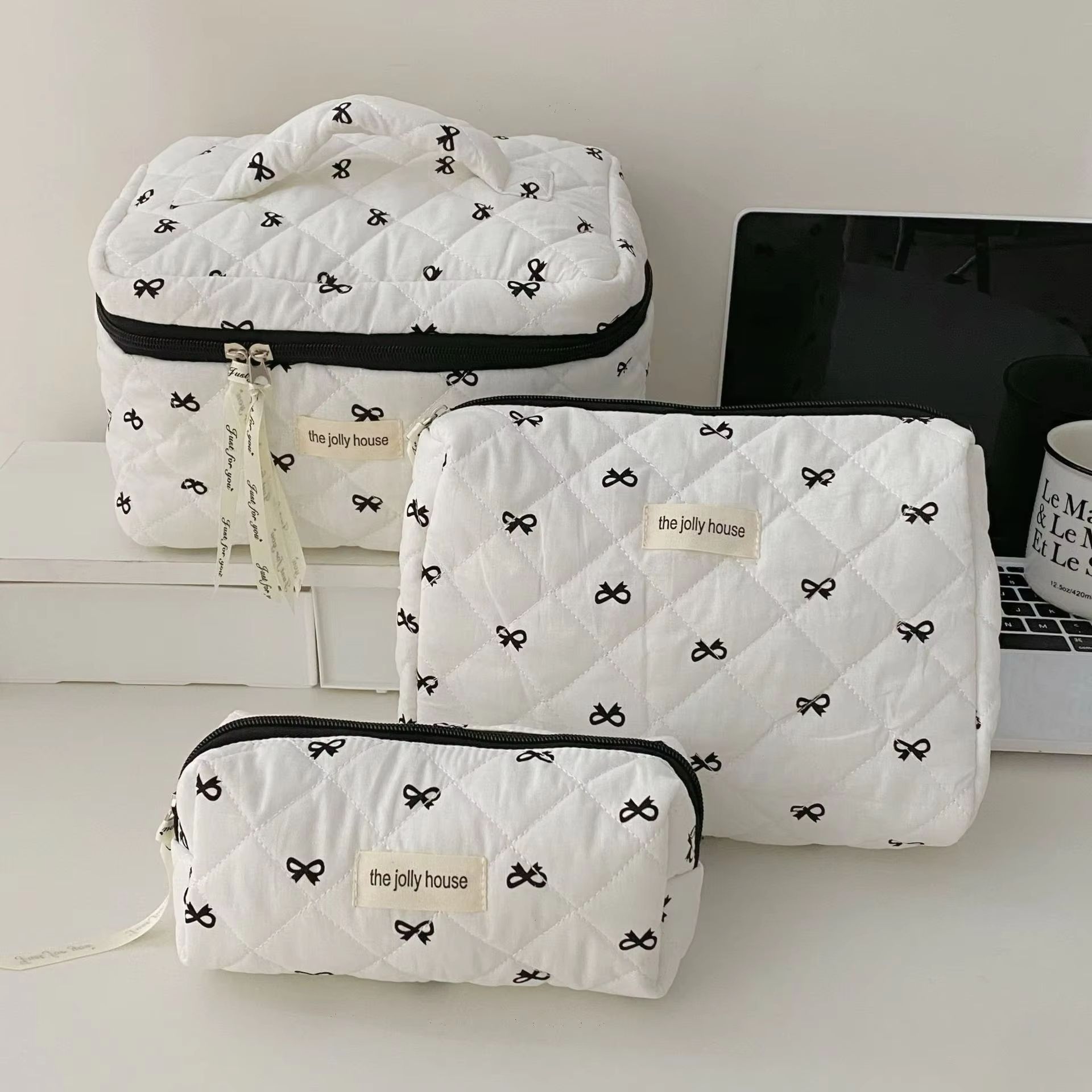 Fashion Cherry Quilted Cotton Makeup Bag Portable Cosmetic Tote for Women