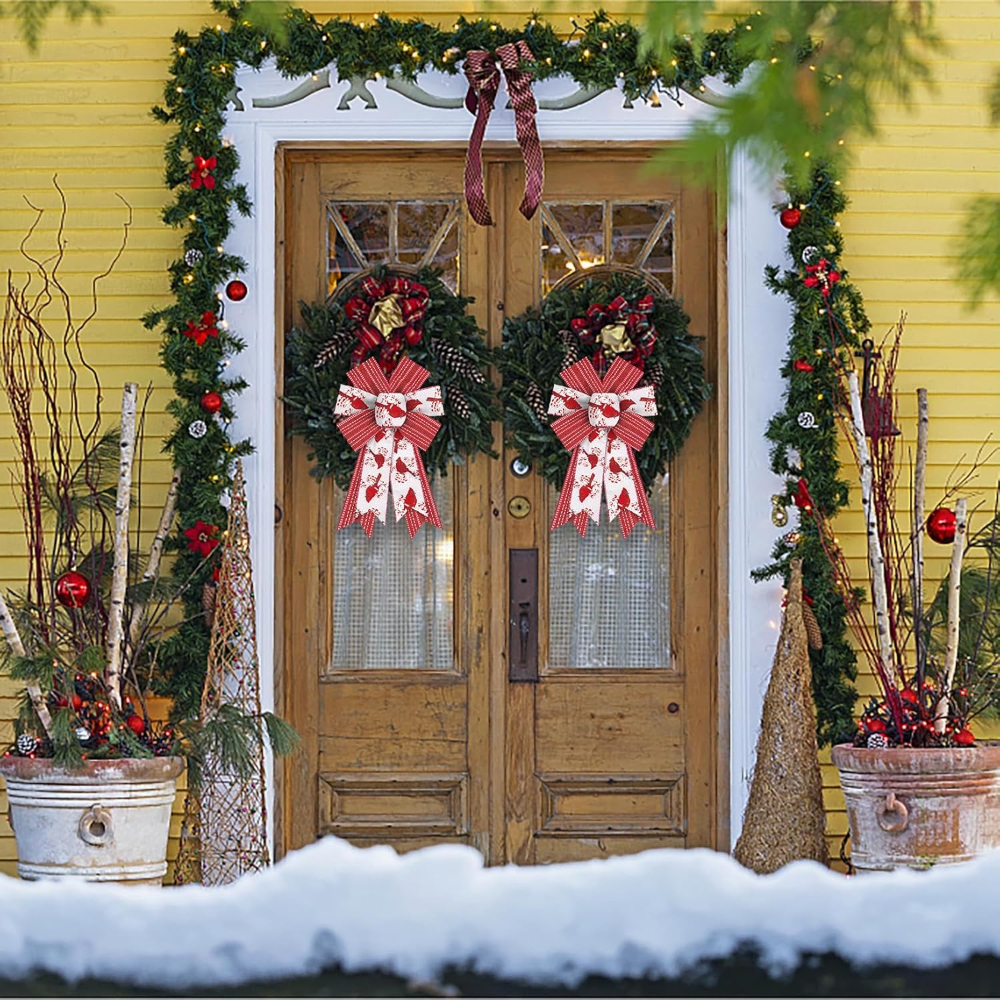 Shining White Red Burlap Bows, Christmas Bows for Wreath, Bow for Front Door Decor, Floral Cardinals Craft Tree Topper