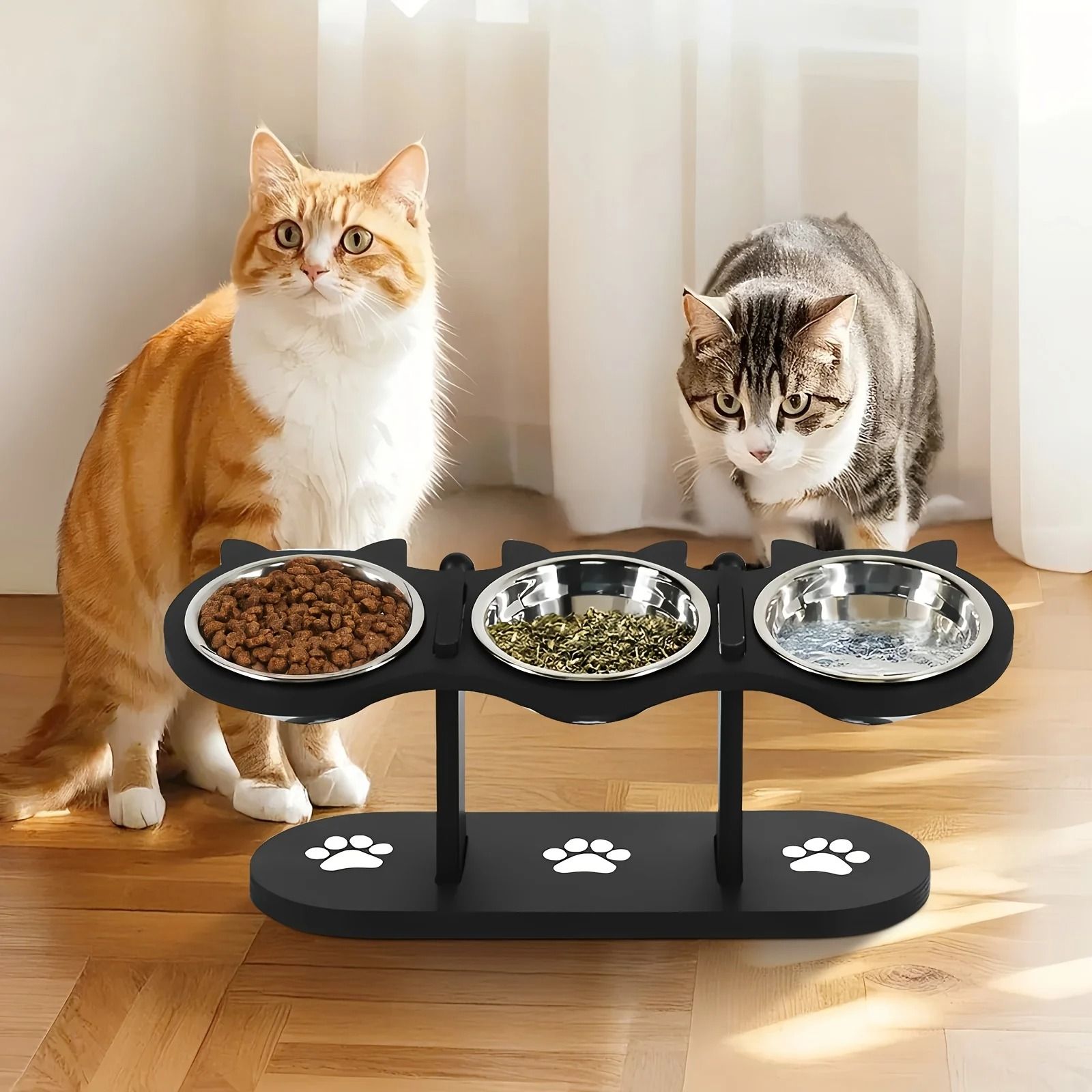 Elevated Tilted Cat Food Bowls with Wooden Stand and Stainless Steel Bowls