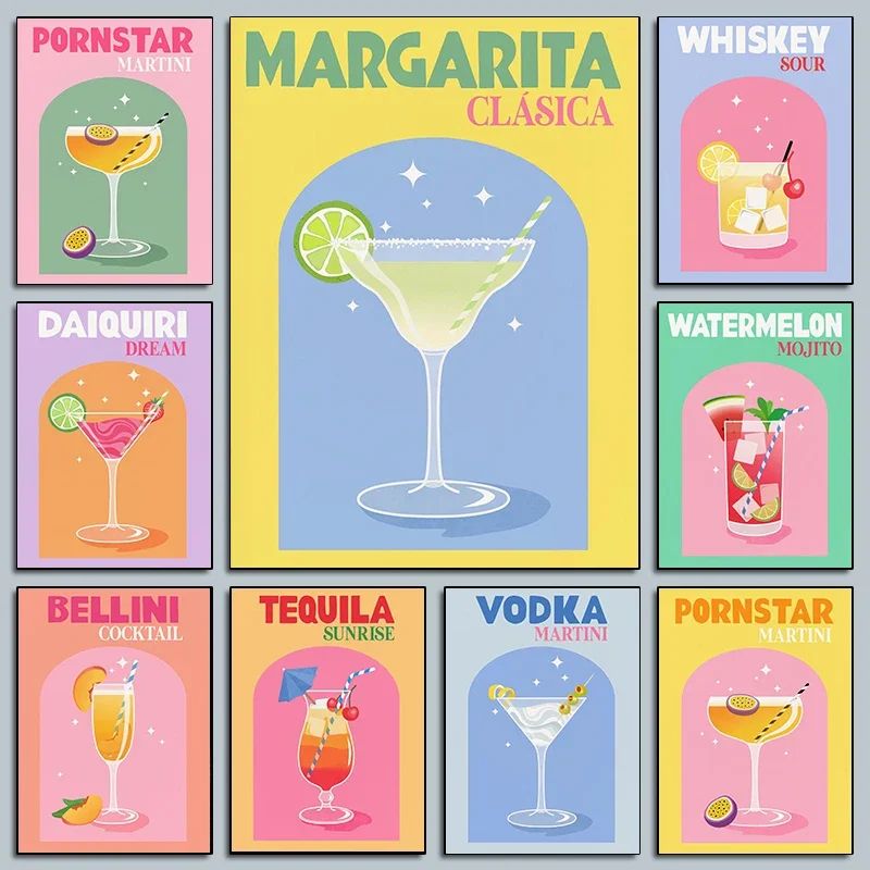 Colorful Cocktail Canvas Posters – Trendy Bar Wall Art Prints for Home Bar, Kitchen & Decor