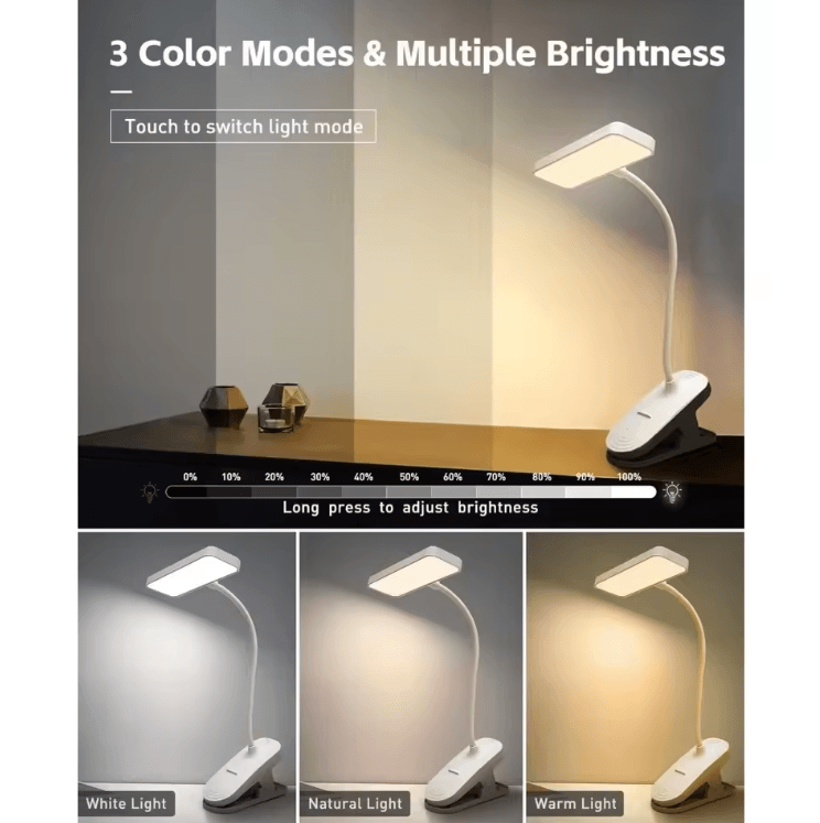 USB Rechargeable Clip-On LED Desk Lamp – Flexible Gooseneck Eye-Care Reading Light