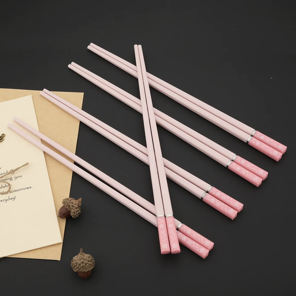 Elegant Pink Cherry Blossom Alloy Chopsticks – Set of Pairs for Hot Pot, Sushi, and More