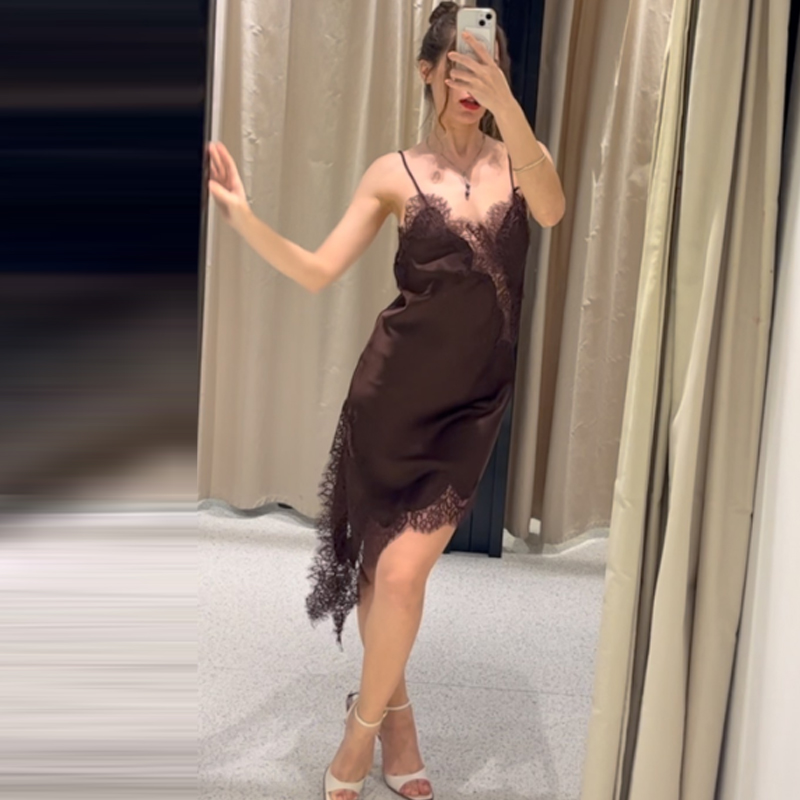 Slip Dress Summer Evening, Womens Dresses Lace Asymmetric Mini Brown Sleeveless Backless