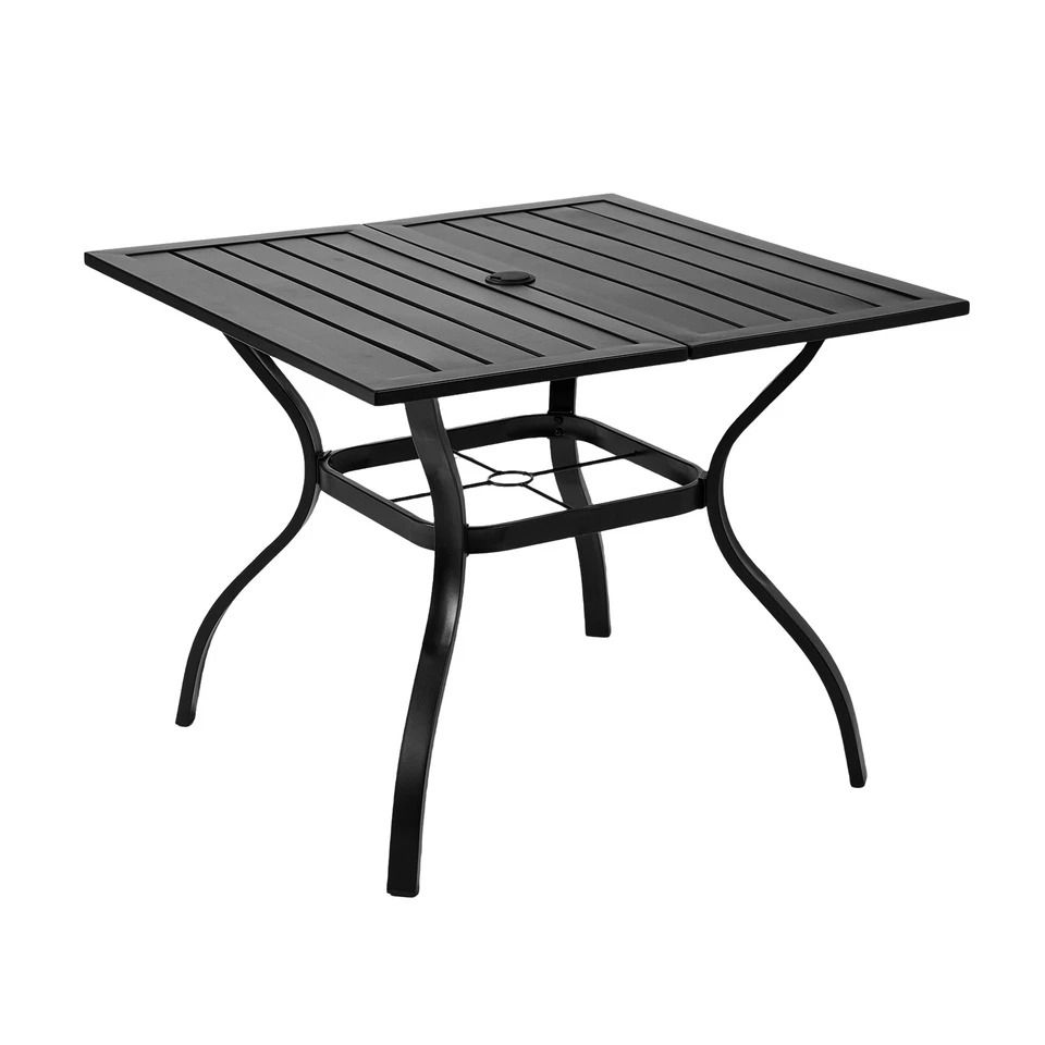 Outdoor Metal Bar Table with Umbrella Hole Durable Slatted Design