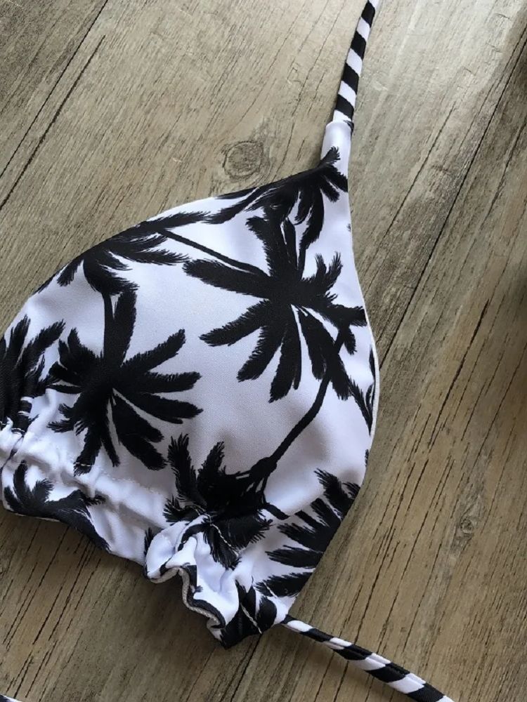 Sexy Black and White Coconut Tree Bikini Set, Women Triangle Halter Swimsuit, Brazilian Style Bathing Suit