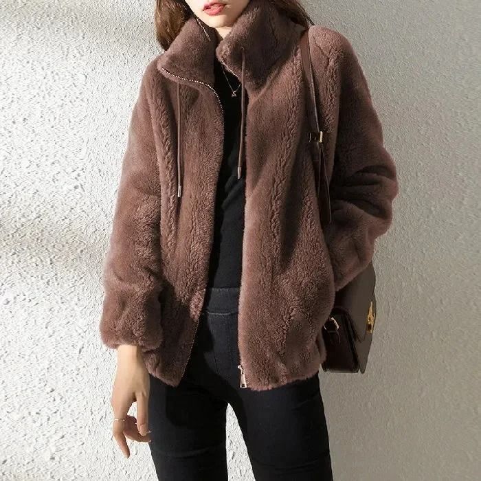 Women thickened fleece zip up stand collar hoodie jacket casual winter outerwear