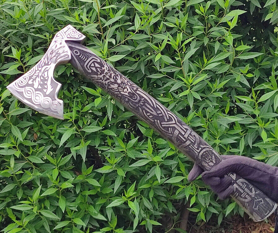 Handmade Carbon Steel Viking Throwing Axe | 19 Rare Art Axe with Carved Ashwood Handle