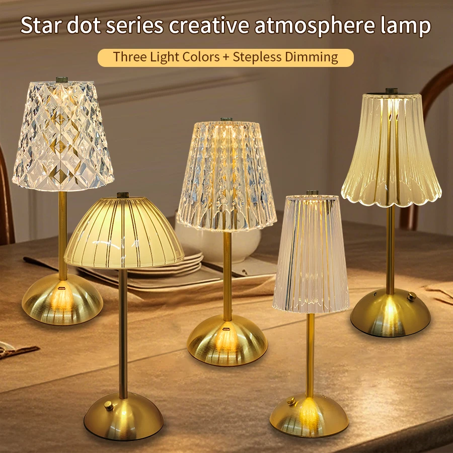 Rechargeable Crystal LED Table Lamp, Touch Sensor, Dimmable Desktop Night Light for Bedroom, Bedside, Hotel, Bar Decor