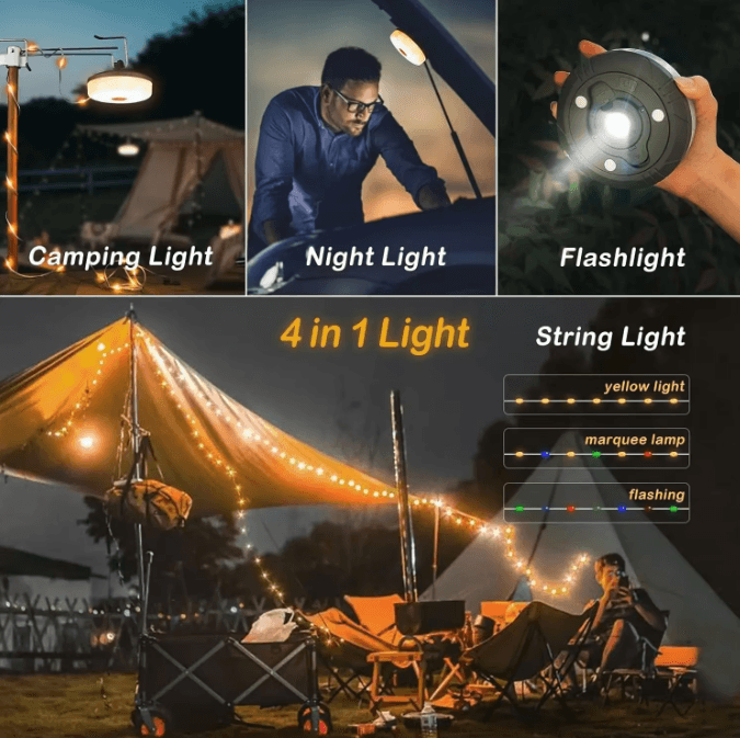 4-in-1 LED Camping String Lights with Retractable Reel & USB Recharge