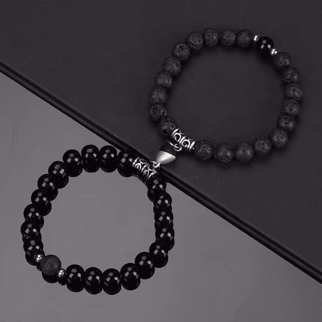 LavaLove 2-Pcs Beaded Couple Bracelets Set – Natural Stone Heart Magnetic Distance Bracelets Gift