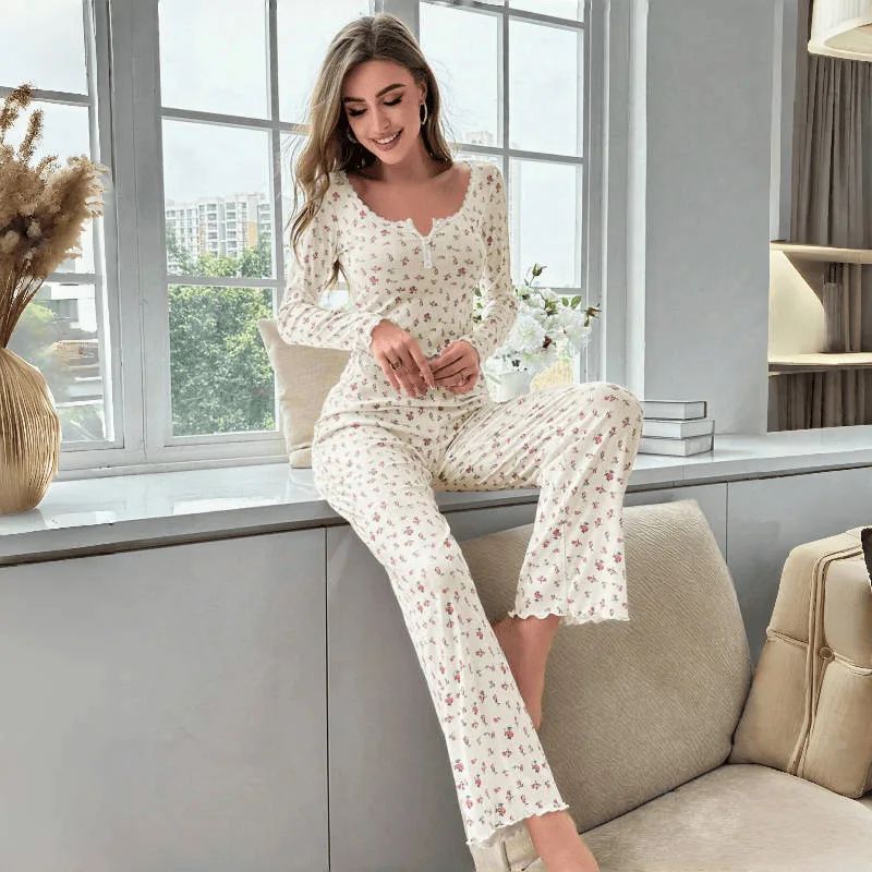Women Floral Print Long Sleeve Pajama Set with Lettuce Trim