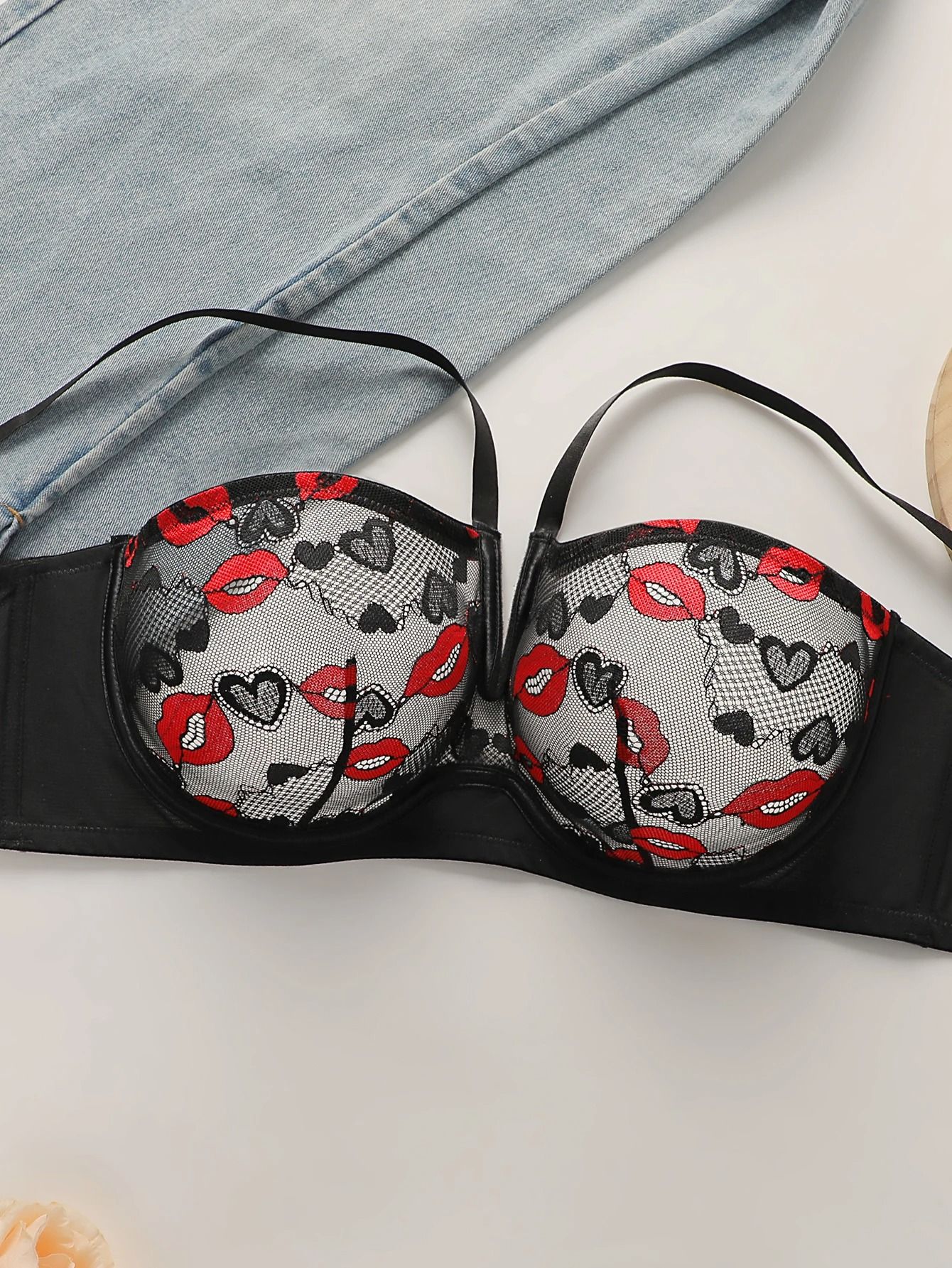 Sexy Red Lips Heart Lace Push Up Bra | Deep V Hanging Neck Lingerie