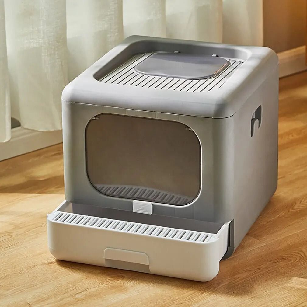 Foldable Enclosed Cat Litter Box with Sifting Drawer Front and Top Entry