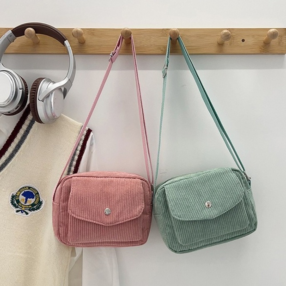Corduroy Striped Crossbody Bag, Solid Colour Shoulder Bags, Adjustable Strap for Casual Wear