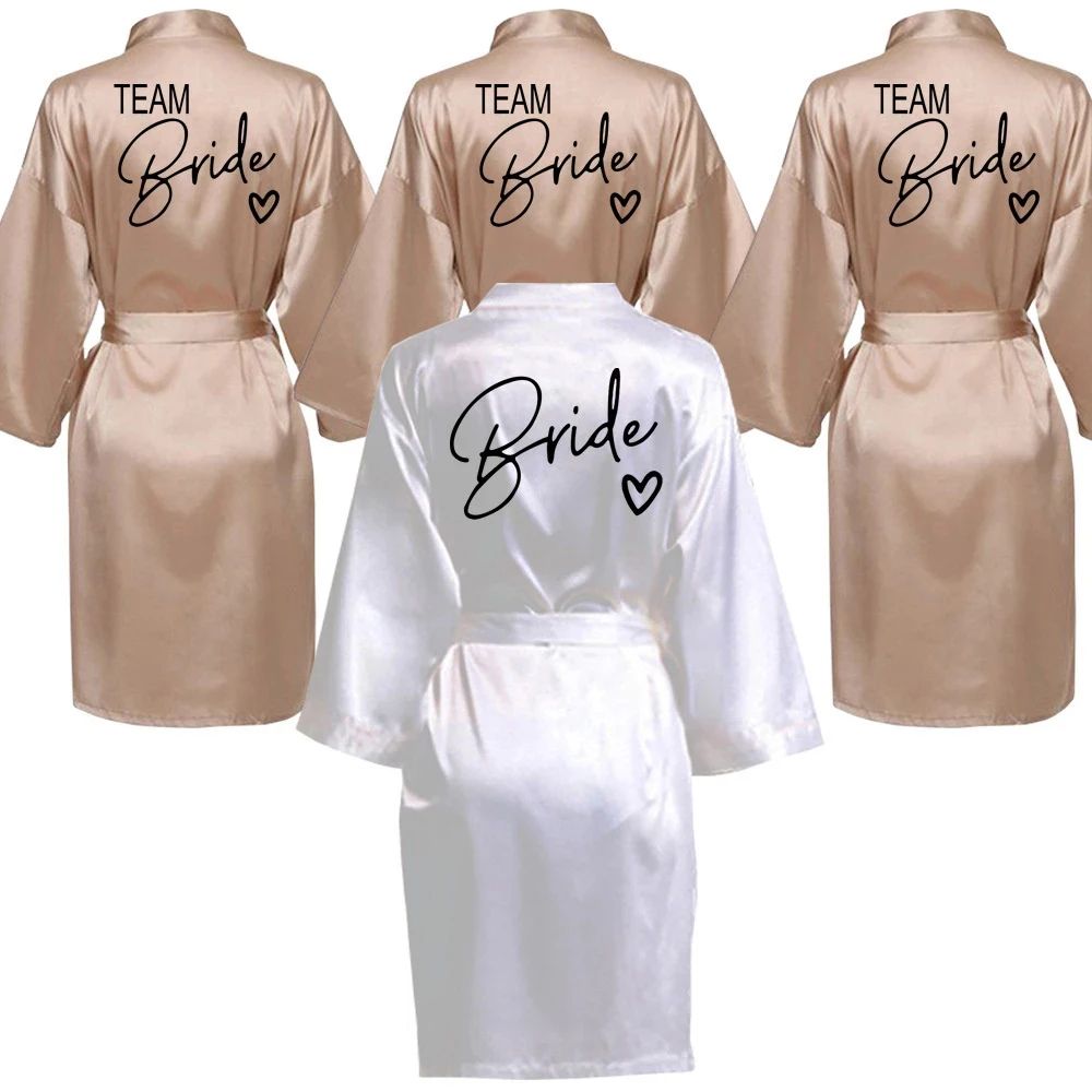 Team Bride Satin Kimono Robe With Black Letters for Wedding Party