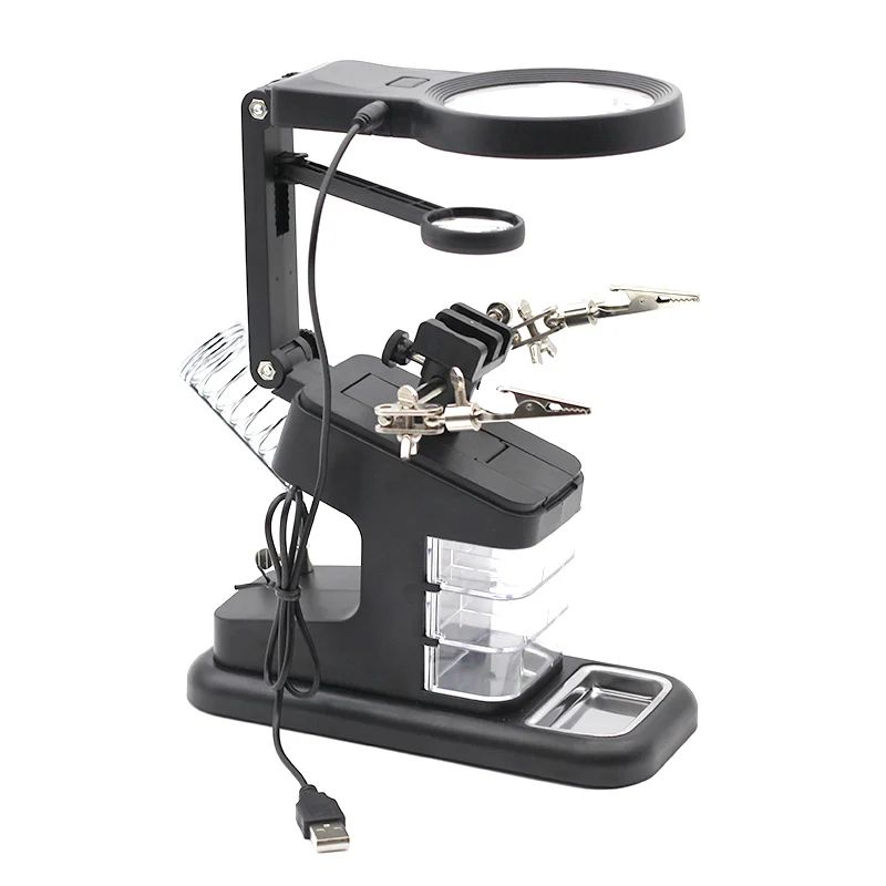 LED Light Magnifying Glass Soldering Stand with Adjustable Clips