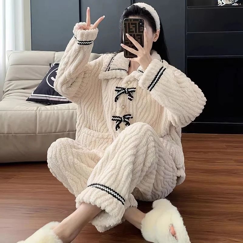 Womens Winter Pajama Set Thick Warm Womens Flannel Pajamas Cozy 2 Piece Sleepwear