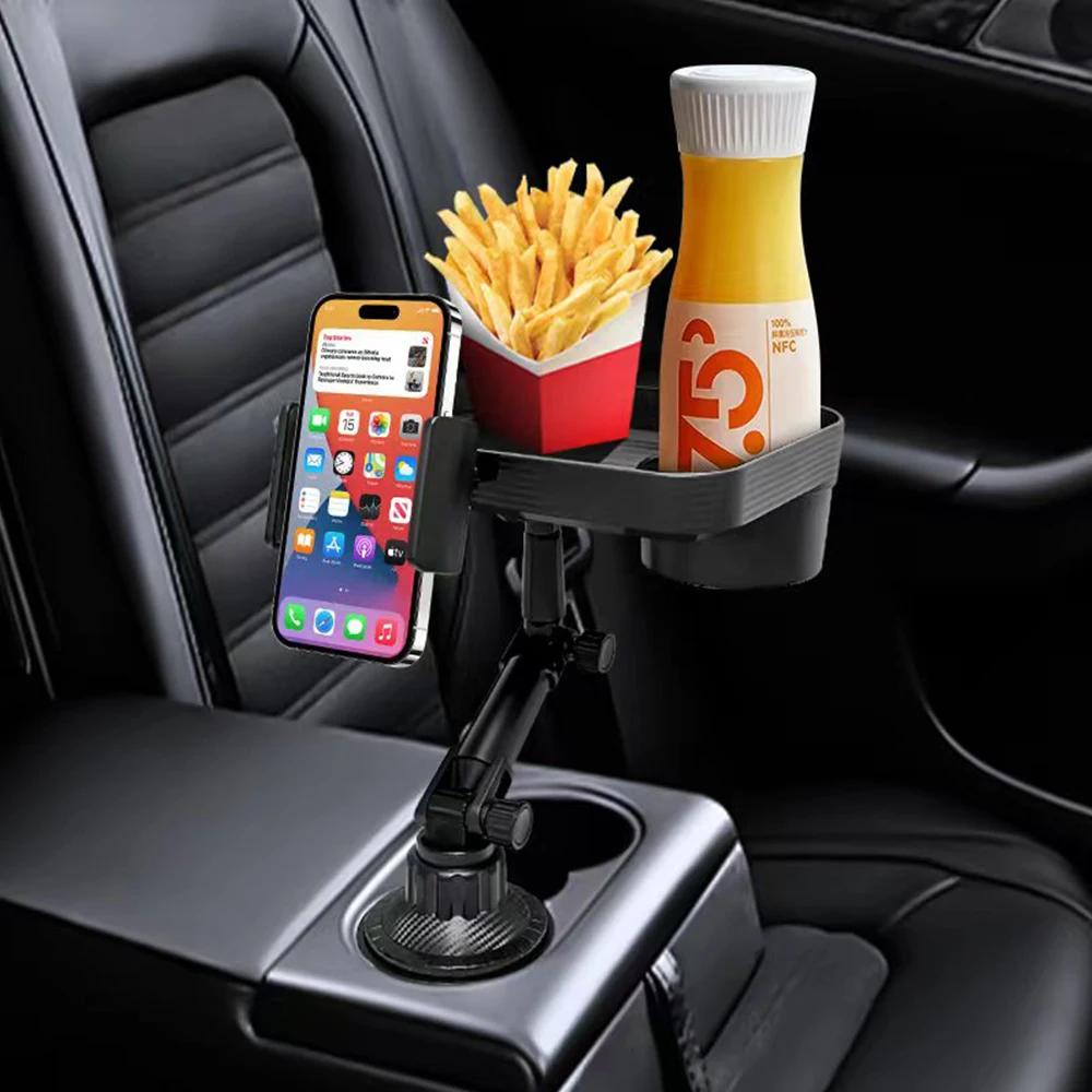 360° Rotating Car Cup Phone Holder – Adjustable Stand Mount & Food Organizer Tray