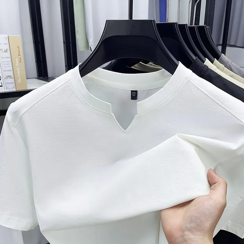 Comfortable Summer Versatile Top Men's Casual Small V-neck Solid Color Short Sleeved T-shirt