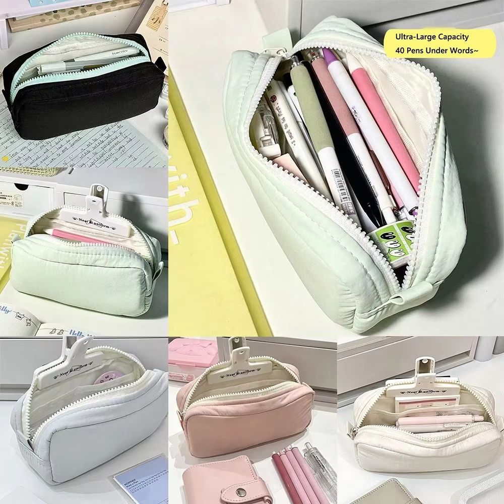Simplicity Solid Color Large Capacity Pen Bag with Zipper Portable Stationery Pouch