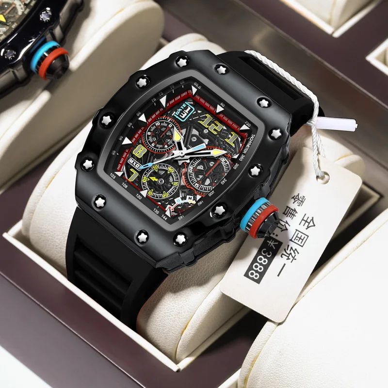 Barrel Hollow Luminous Men's Quartz Watch with Calendar – Tonneau Sport Design