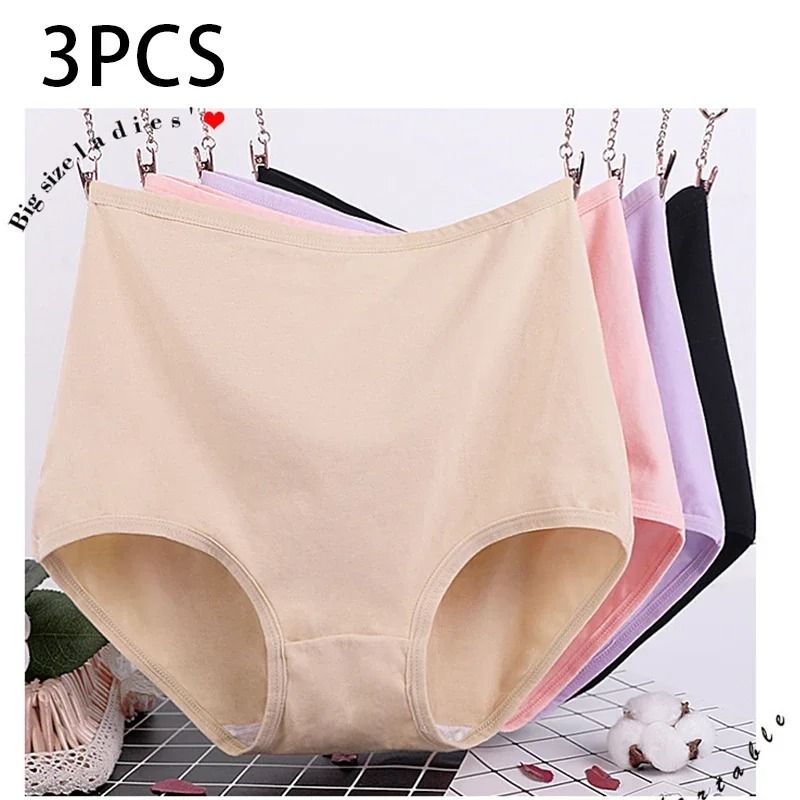 Womens Plus Size Cotton High Waist Briefs Breathable Comfort Underwear Three Piece Set