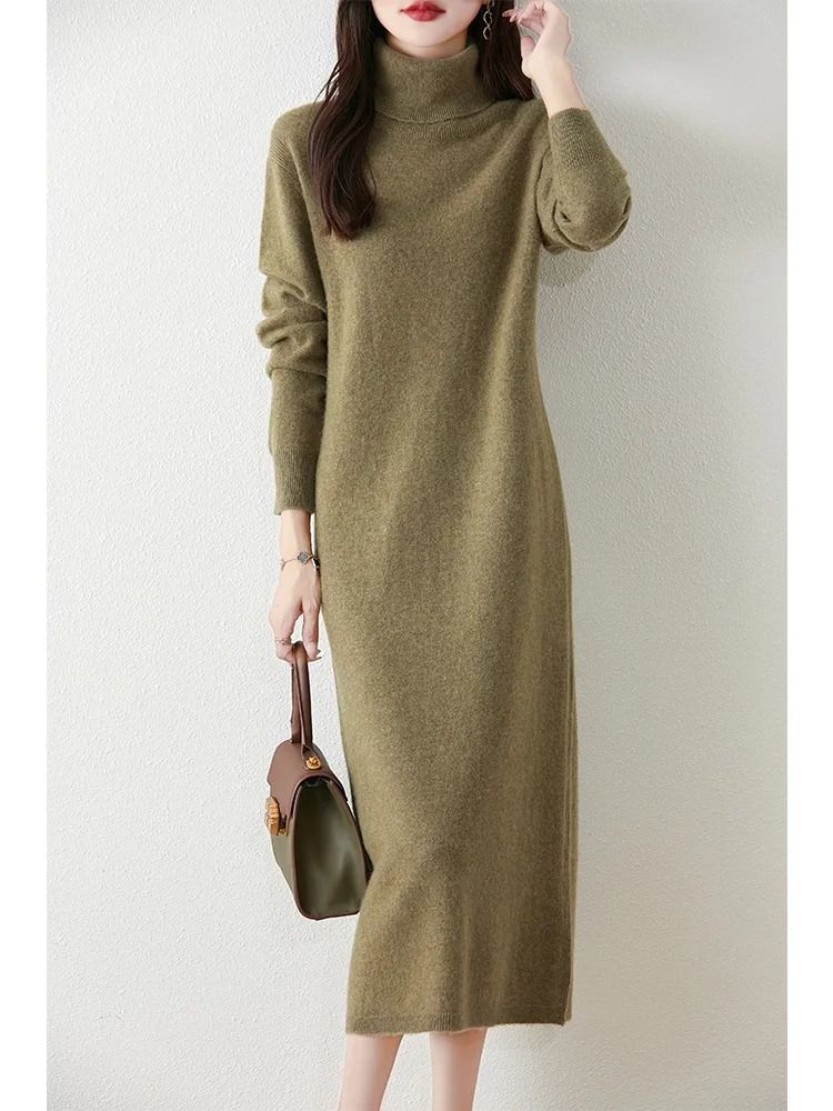 100% Merino Wool Turtleneck Knit Sweater Dress