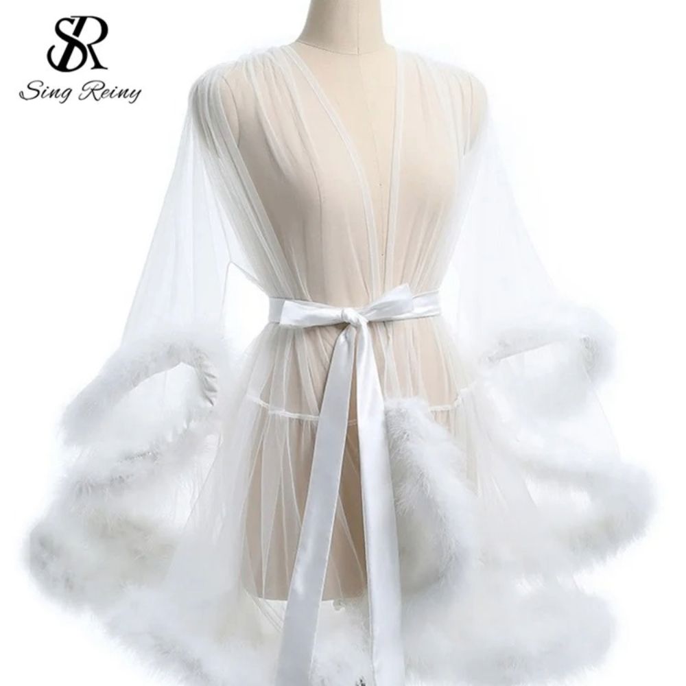 Singreiny Sheer Lace Up Shapewear Robe Long Sleeve Midi Lingerie