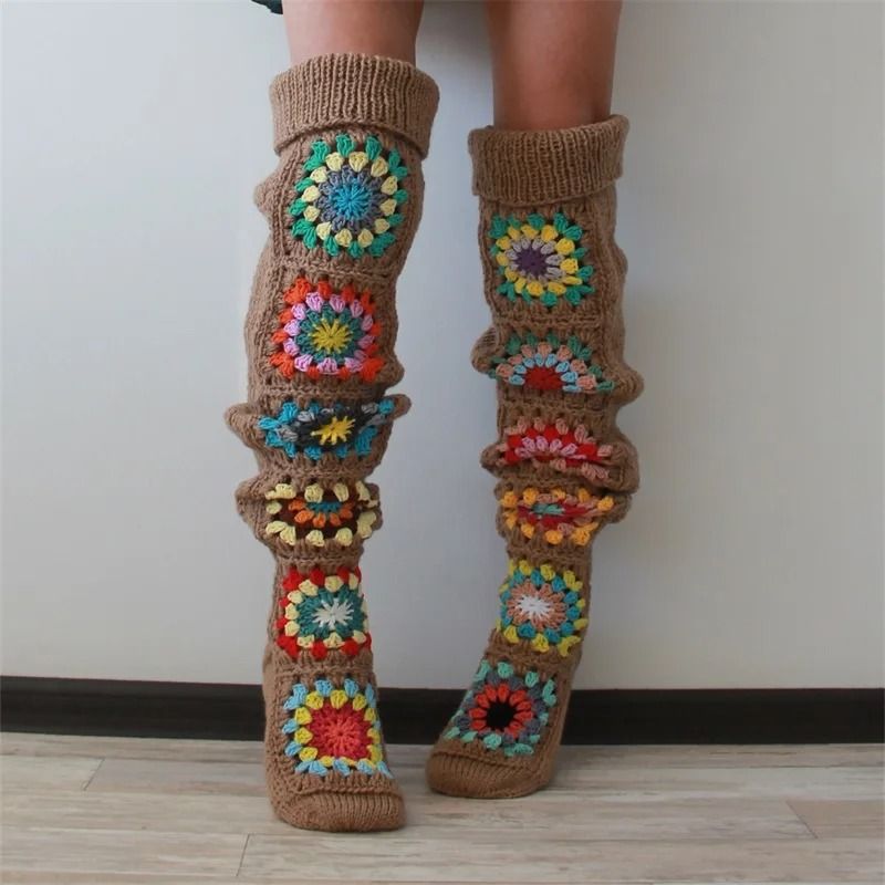 Autumn Winter Extra Long Crochet Knit Thigh High Socks for Women Over Knee Ethnic Style Stockings