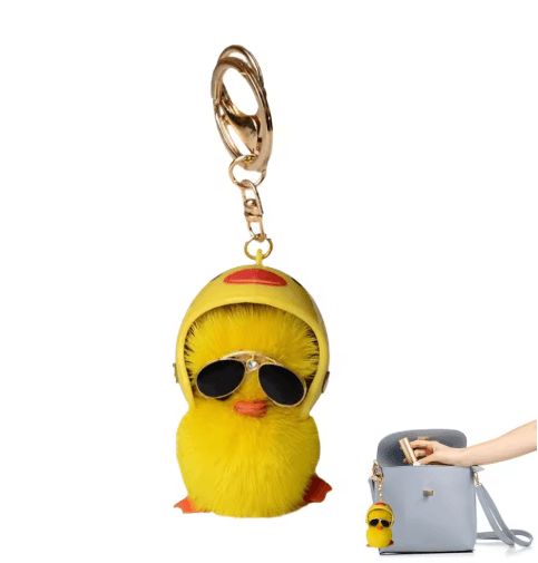 Cute Fluffy Duck Keychain Plush Little Duck with Helmet and Sunglasses Bag Pendant