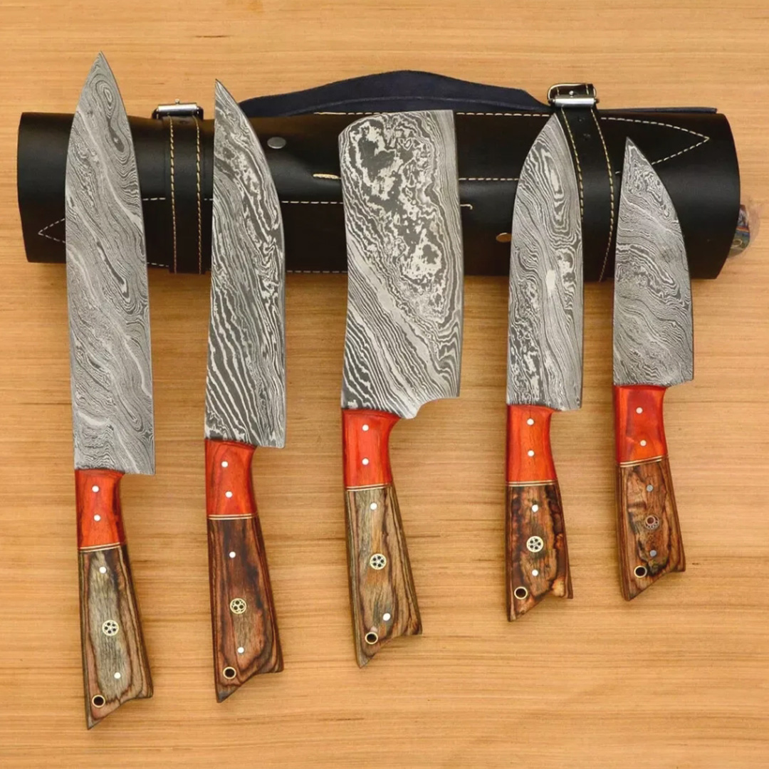 Handmade Forged Damascus Steel Chef Knives Set, 5-Piece Kitchen Essentials